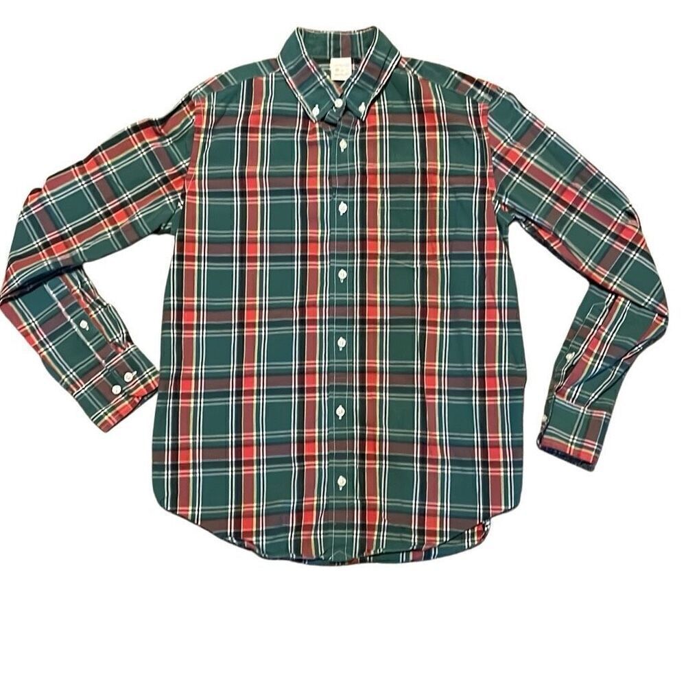 Crewcuts Boys 14 100% Cotton Green Red White Plain Long Sleeve Button Down Shirt